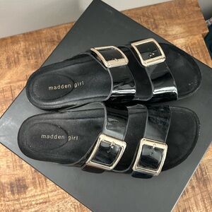 Madden Girl Glossy Black Buckle Sandals